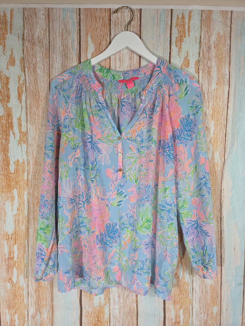 Lilly Pulitzer Elsa 100% Silk Top Celestial Blue Cay To My Heart Size XL